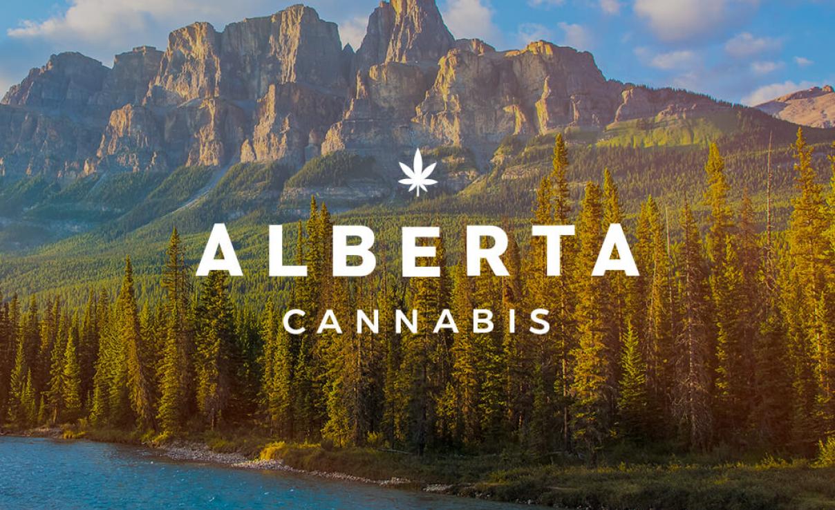 Alberta Cannabis logo in front of mountains